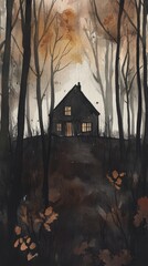 Fototapeta premium A serene autumn forest with a cozy cabin glowing warmly, surrounded by tall trees and falling leaves, creating a mystical and enchanting atmosphere.