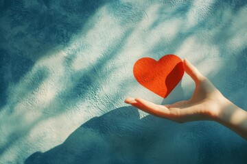 Fototapeta premium a hand touching a red heart on blue wall. Valentine or love concept