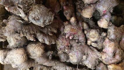 Close up pile of tasty fresh aromatic ginger sold at the market as a background.