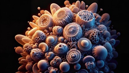 A vibrant and intricate digital illustration of microscopic cellular structures with a surreal and bioluminescent appearance