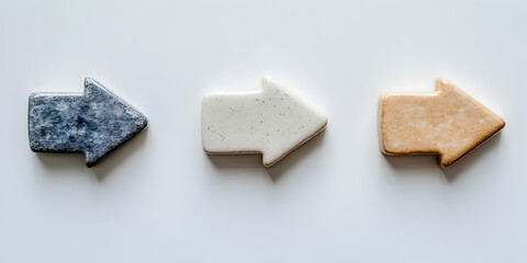Ceramic Arrow Set,  Directional Indicators in Grey, Beige, and Cream, Arranged Horizontally on White Background