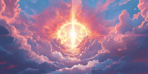 A glowing celestial portal opening among the clouds, revealing a radiant astral realm