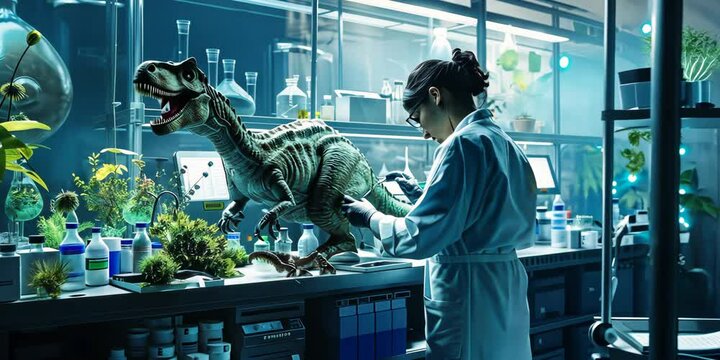 Scientific experiment involving genetic hybrids of dinosaurs and humans, exploring the ethical implications and biological challenges in a futuristic laboratory setting, 4K Video