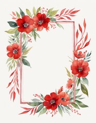 Elegant watercolor illustration of a floral square frame featuring vibrant red flowers and lush green leaves on white background perfect for invitations or decor