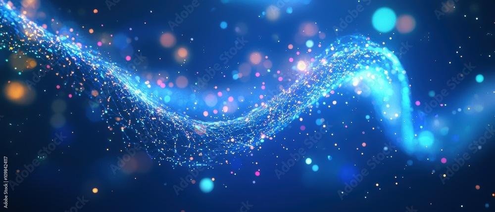 Poster floating digital dna strand with glowing particles in a lab setting science visualization futuristic