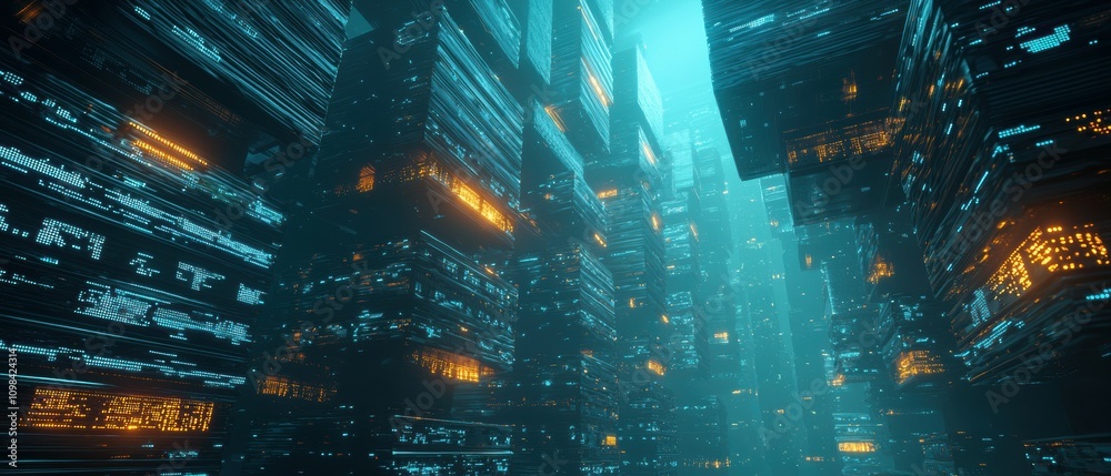 Poster exploring futuristic server interfaces in a virtual environment glowing data stacks concept