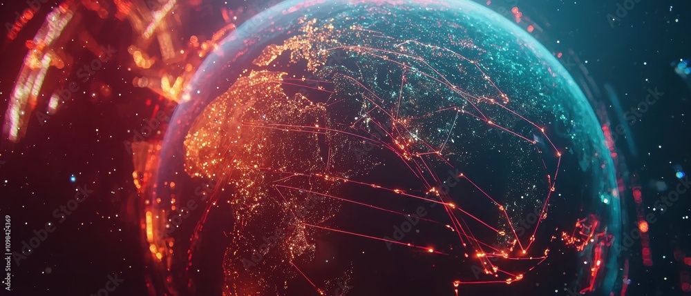 Poster visualizing the future holographic display of rotating globe with data streams in a virtual environm
