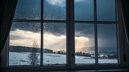 Fototapeta premium Beautiful winter landscape viewed through a window with raindrops and clouds in the sky