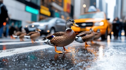 A determined duck is seen strutting determinedly through a chaotic city street filled with cars and...