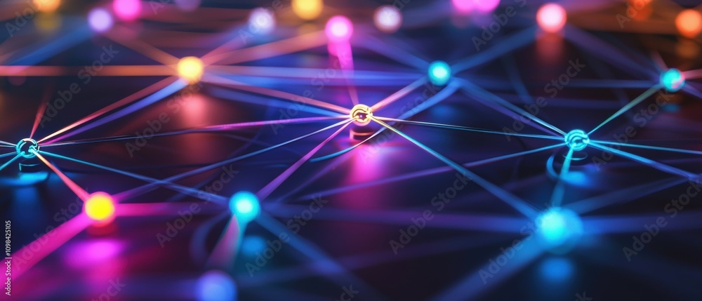 Poster exploring virtual reality-inspired networks intersecting pathways in a digital landscape