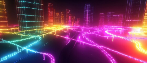 Obraz premium Exploring virtual reality-inspired network pathways in 3d digital landscapes an innovative journey into interactive technology