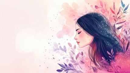 Artistic profile of woman with dark hair amid floral and watercolor background