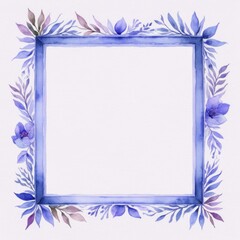 Obraz premium Watercolor illustration with a decorative square frame adorned by purple flowers and leaves on white background, perfect for invitations or artwork