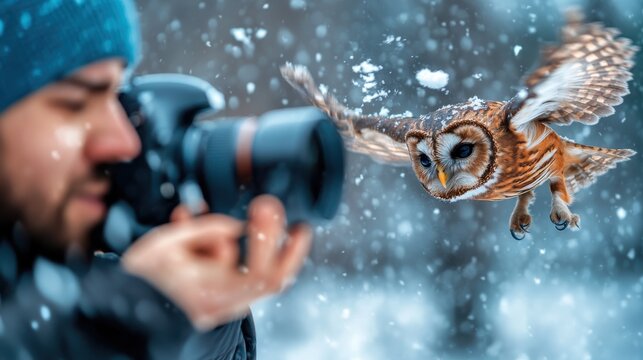 An owl approaches the camera in a snowy landscape, captured by a photographer keenly documenting the mesmerizing detail and grace of the bird in flight.