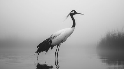 Naklejka premium A serene black-and-white image of a crane standing gracefully in misty waters, creating a tranquil, ethereal atmosphere.