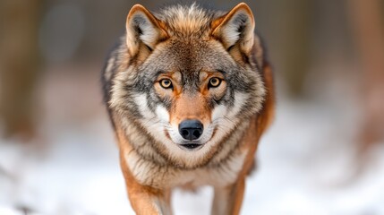 Obraz premium A wolf with an intense gaze walks across a snowy landscape, its fur highlighted against the wintry backdrop, illustrating power, focus, and the essence of the wild.