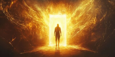 A mystical figure cloaked in glowing energy, standing at the entrance of a radiant portal