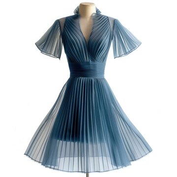 Vintage inspired teal chiffon dress with pleats and v neck.