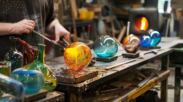 Skilled glassblower shaping molten glass with precision in a workshop

