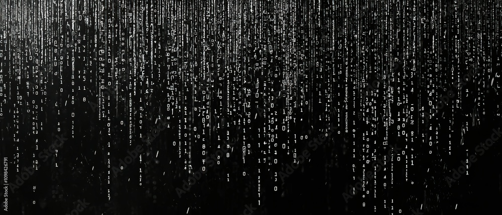 Poster digital rain effect of cascading numbers and symbols virtual space visual art digital environment ab