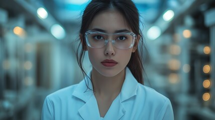 Obraz premium Person in white coat and safety glasses with dark hair. Laboratory expertise advertising