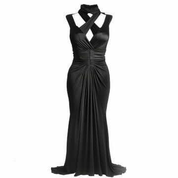 recommend clip art: Elegant black floor length gown with a crisscross neckline and fitted silhouette.