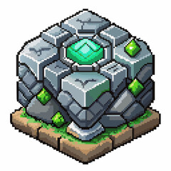 Fototapeta premium Pixel Art Stone Cube with Gemstone on Grass Platform Isometric Game Asset