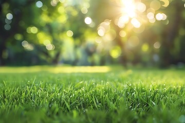 Naklejka premium Green grass background with bokeh defocused lights and sun rays