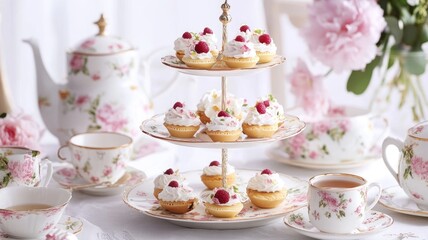 Elegant English tea party with floral set, raspberry-topped pastries, and delicate decorations