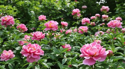 Pink peony flowers in a lush garden surrounded by greenery, nature landscape, garden decor, pink peonies, garden flowers, botanical photography