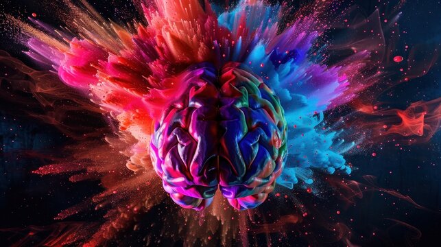photograph of Colorful human brain exploding with knowledge, emotions, and creativity in generative glow wide angle lens