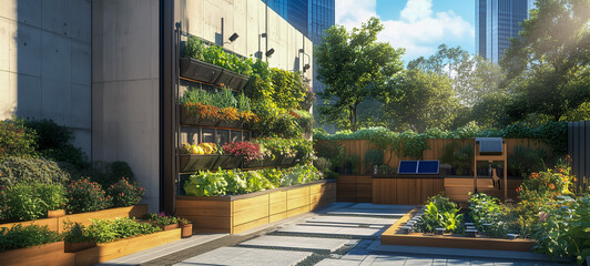 Obraz premium Urban rooftop garden with vertical planters and solar panels