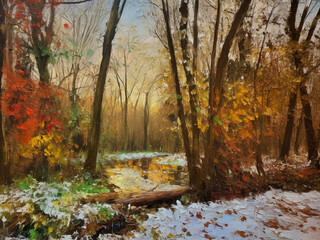 Paintings winter landscape, in the city park