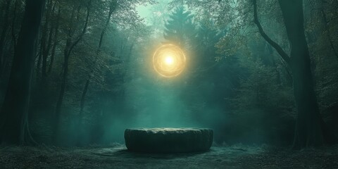 A radiant orb hovering above a ceremonial altar in a mystical forest