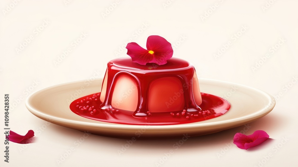 Wall mural White pudding garnished with vibrant red syrup and flower petals on plate