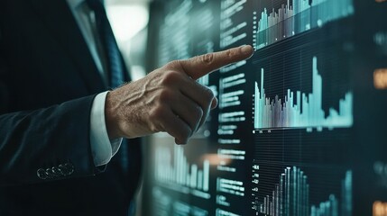 A business professional analyzes data on a digital display, pointing at bar graphs and statistics to identify trends and insights.