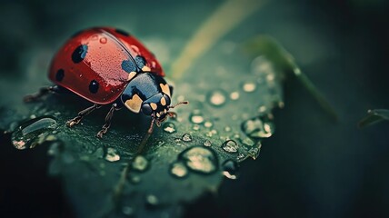 Obraz premium Close-up of ladybug on dewy leaf