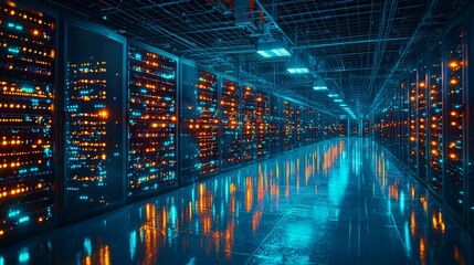 A futuristic data center illuminated by colorful lights, showcasing rows of servers and a sleek, reflective floor.