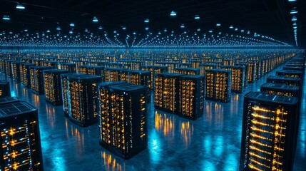 A vast, futuristic data center filled with illuminated server racks, showcasing technology and innovation in a high-tech environment.