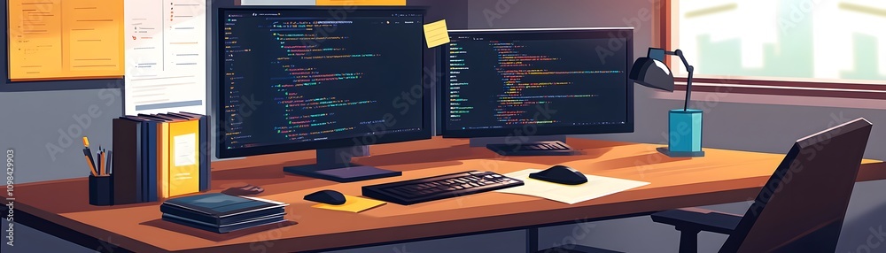 Poster modern programmer workspace with dual monitors and code