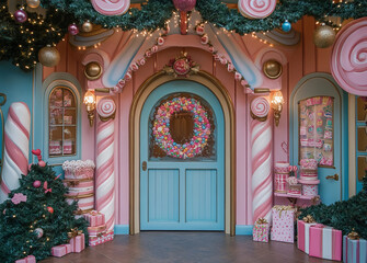 Whimsical Candy-Themed Christmas Entrance with Pink and Blue Decor, Lollipops, and Garland
