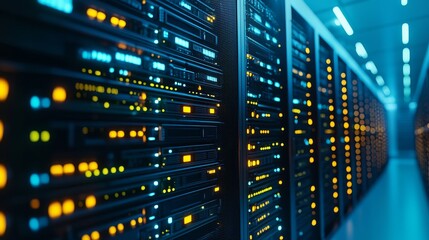 A close-up view of illuminated data servers in a modern server room, showcasing technology and connectivity.