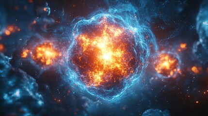 Obraz premium Fiery Nebula: Cosmic Collision of Blue and Orange Energy