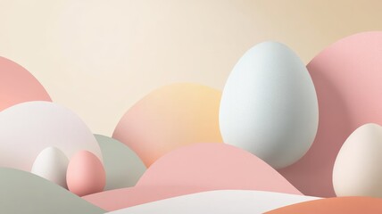 Abstract pastel composition with large and small egg shapes in soft, surreal landscape