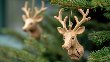 Wooden reindeer ornaments hanging on green Christmas tree branch