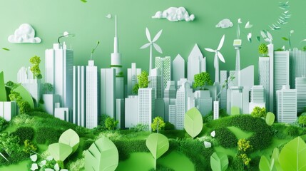 A conceptual illustration of a bustling city with green rooftops and vertical gardens, powered by renewable energy, depicting urban sustainability