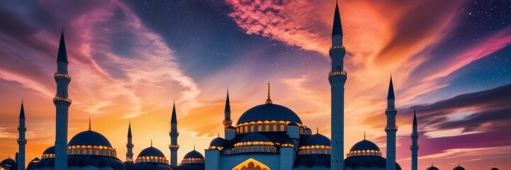 A majestic mosque with domes and minarets under a vibrant sunset sky transitioning to a starry night. Website banner for the month of Ramadan