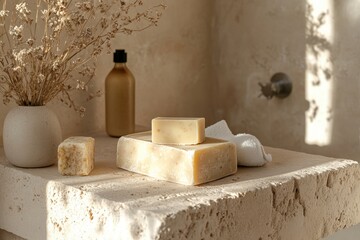 eco-friendly bath setup, organic, eco-friendly soap bars displayed on a stone slab in a serene bathroom with minimalist dcor using calming neutral colors
