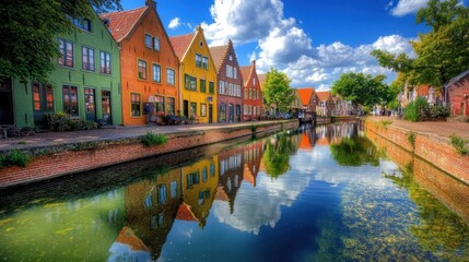Fototapeta premium A charming row of colorful townhouses reflecting in a clear canal, with a backdrop of a serene sky.