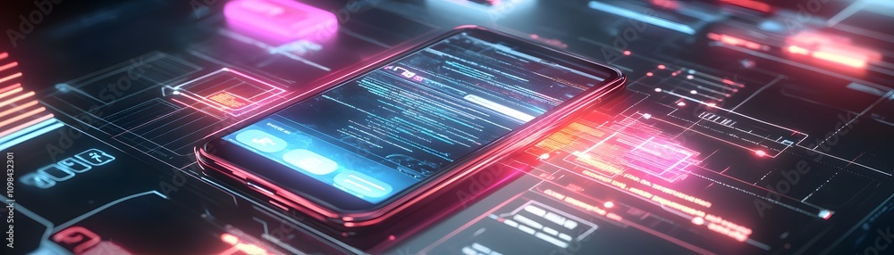 Poster smartphone displaying futuristic code and interface
